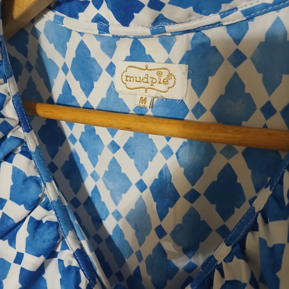 Mud Pie Blue and White Strapless Geometric Print Dress